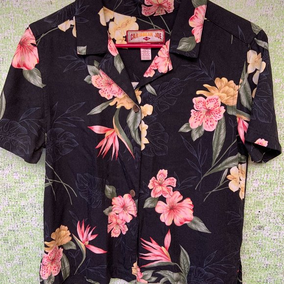 Caribbean Joe Women's Button Down Shirt Black Floral Pattern Medium (M) Vintage - Picture 2 of 8